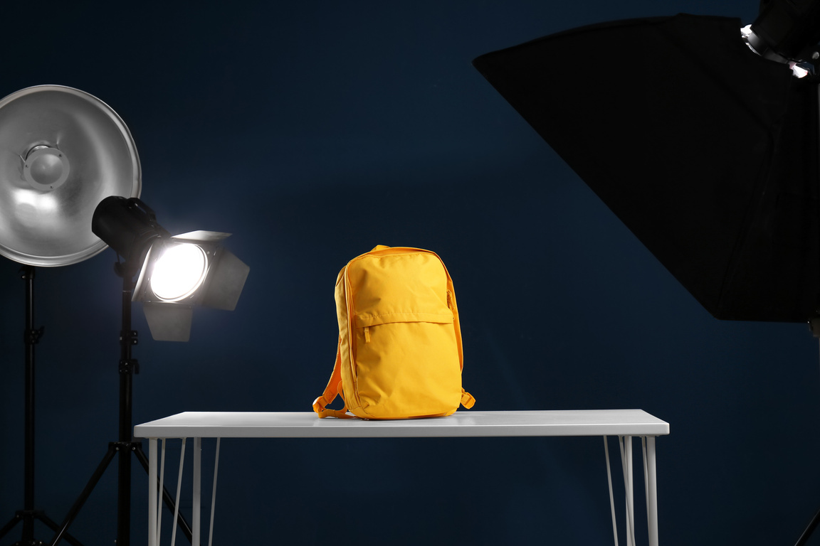 Shooting of Bright Backpack for Product Promotion in Photo Studio
